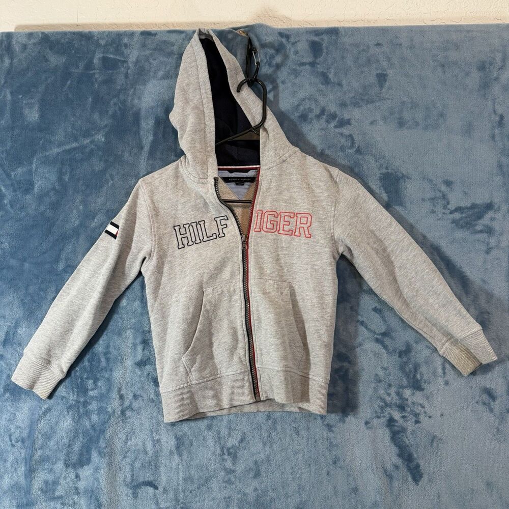 Tommy Hilfiger Boys Full Zip Hoodie Size 7 Gray Red Spellout Logo Sweatshirt